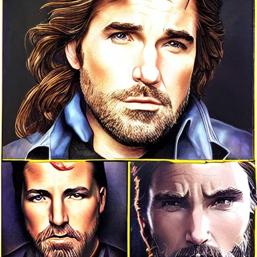 Image similar to Val Kilmer, George Clooney, Christian Bale, Ben Affleck, Robert Pattinson pre-raphaelite portrait, artgerm JSC, J. Scott Campbell