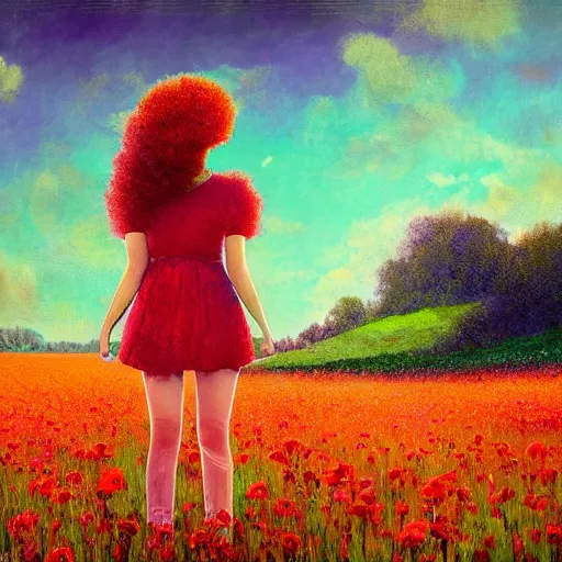 Prompt: large red flowers afro, full body, girl standing in the middle of a field with flowers, surreal photography, hills, sunrise dramatic light, impressionist painting, colorful clouds, digital painting, pointillism, artstation, simon stalenhag