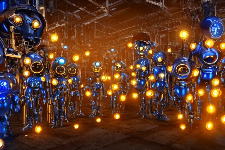 Image similar to a queue of 7 golden and blue metal humanoid steampunk robots wearing and gears and tubes, eyes are glowing red lightbulbs, shiny crisp finish, 3 d render, 8 k, insaneley detailed, fluorescent colors, background is an entrance door to a futuristic nightclub, nightlight