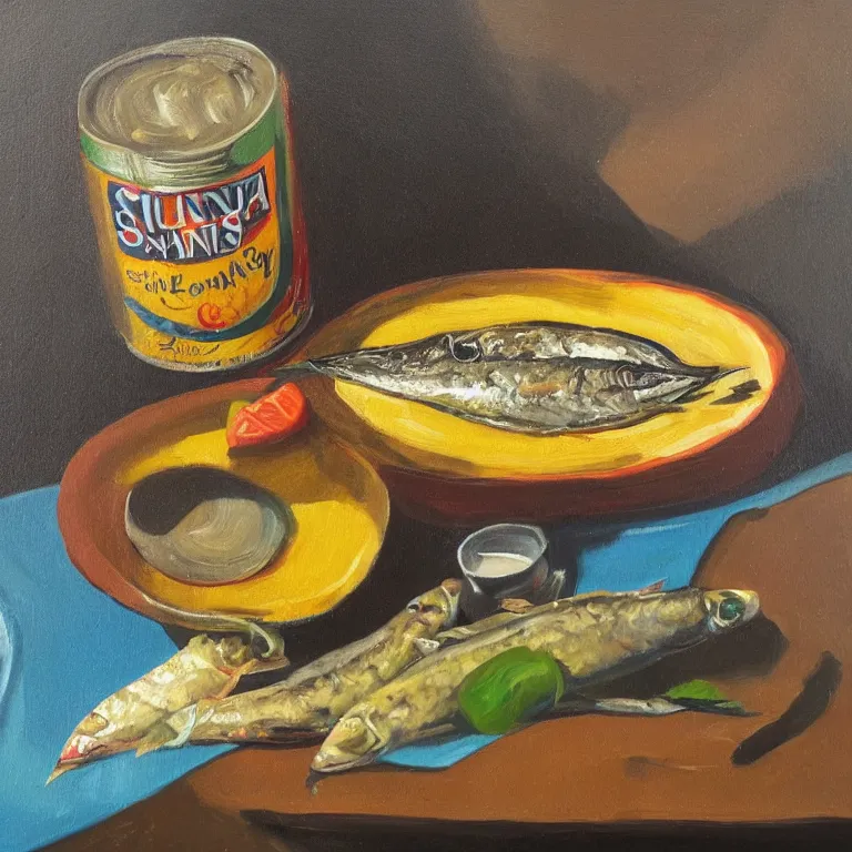 Image similar to a surreal still life light oil painting of a can of sardines ona table by libby haines