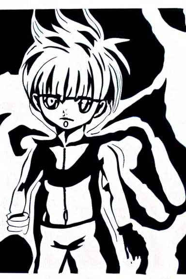 Image similar to attractive little boy in black cat suit, black and white artwork made by yoshihiro togashi,