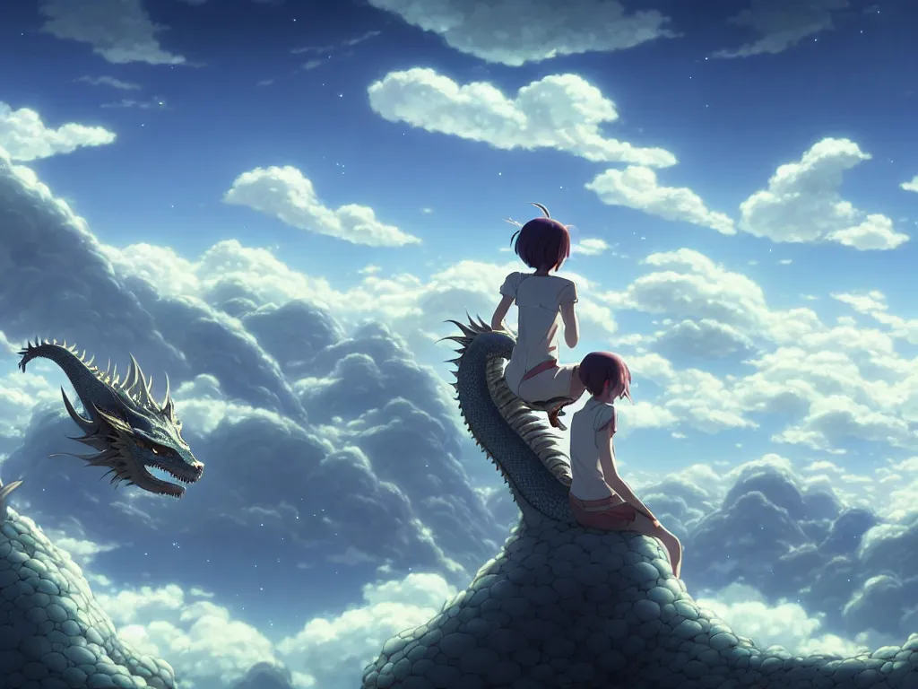 Image similar to a vast scene, panorama distant view, hyper detailed scene render of a beautiful girl sit on a huge silver dragon back, in the white clouds fairyland, animation portrait concept art, style of makoto shinkai, xision, james jean and peter mohrbacher, studio ghibli, artgerm, karol bak, beeple, 4 k hd, animation style