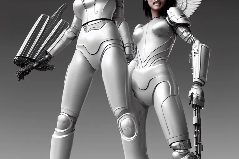 Prompt: 8 k redshift render of battle angel in real life, beautiful, smiles, white plastic armour, high fashion, full body shot, dynamic lighting, passionate, magazine cover, cinematic, highly detailed, sharp focus, art by artgerm and greg rutkowski