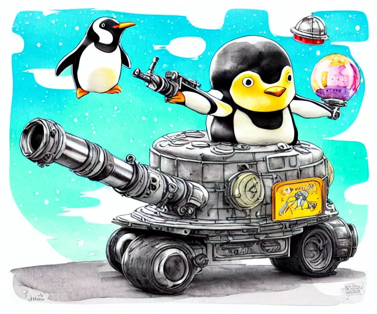 Image similar to cute and funny, penguin wearing a helmet riding in a tiny tank with a large cannon, ratfink style by ed roth, centered award winning watercolor pen illustration, isometric illustration by chihiro iwasaki, edited by range murata, tiny details by artgerm and watercolor girl, symmetrically isometrically centered, sharply focused