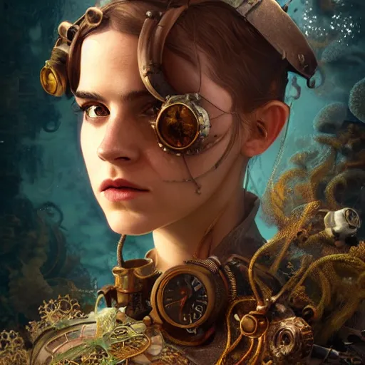 Prompt: underwater steampunk portrait of emma watson, hyper detailed, digital art, cinematic lighting, studio quality, smooth render, unreal engine 5, octane rendered, art style by klimt and nixeu and ian sprigger and wlop and krenz cushart.