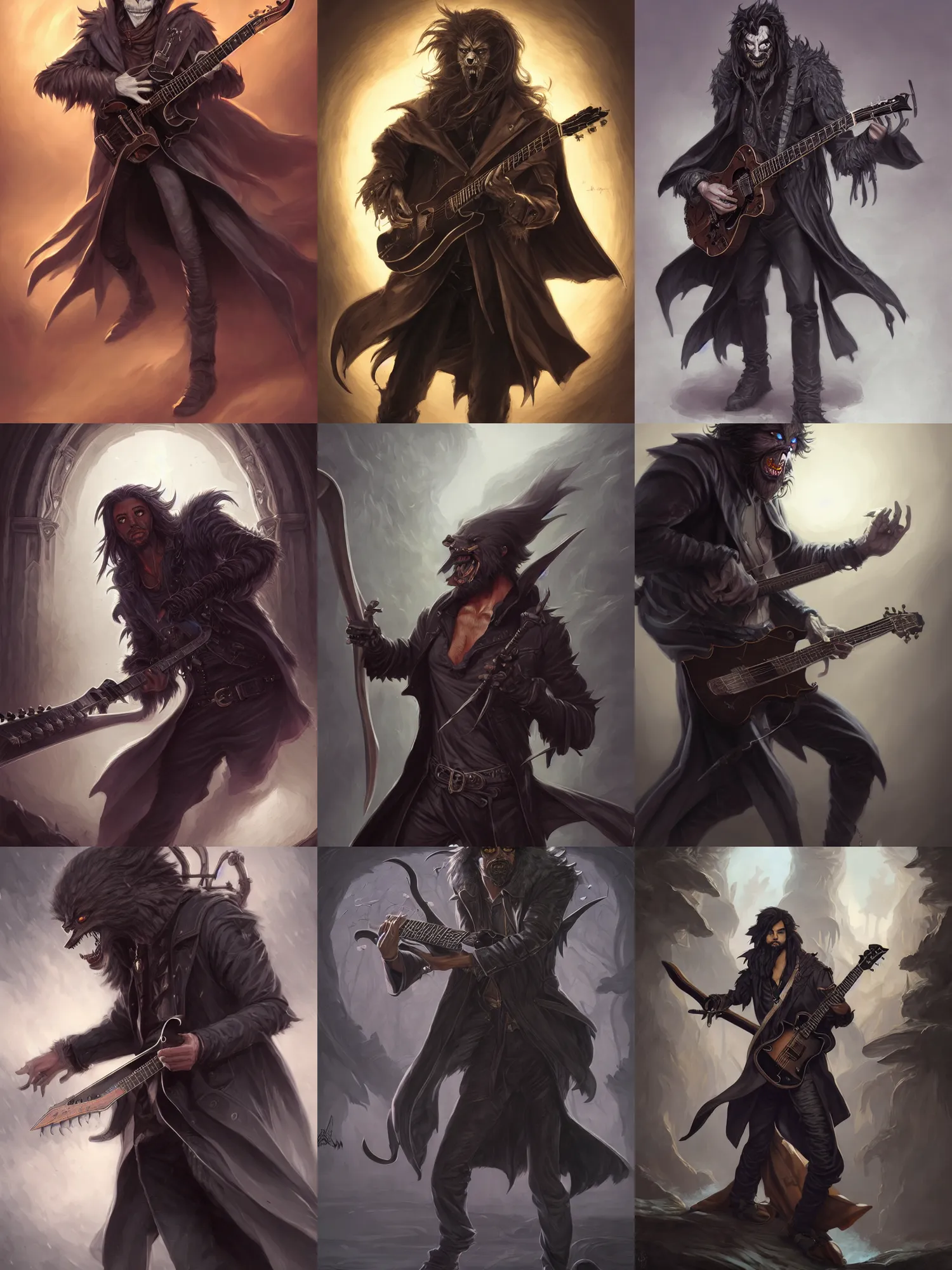 Prompt: picture of male lycanthrope bard, jet black trenchcoat, big guitar, high fantasy, highly detailed, detailed faces, smooth, sharp focus, chiaroscuro, dnd, digital painting, concept art, rossdraws and moebius and jon mcnaughton