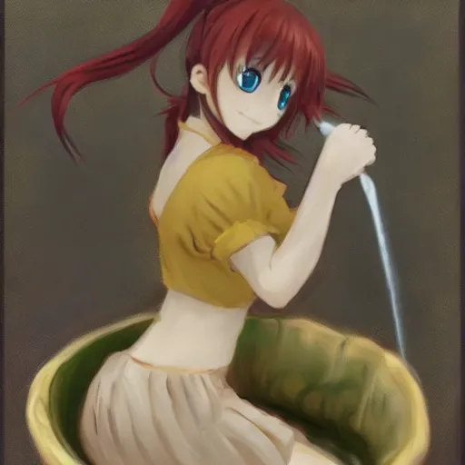 Prompt: anime girl pouring water from a gourd in the style of john singer sargent