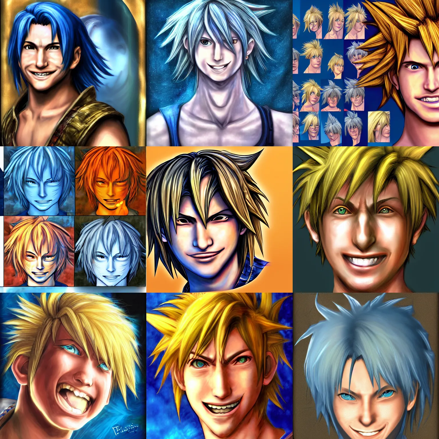 Prompt: distorted smiling tidus from ffx face portrait tiny face top of head looking down huge hair fisheye smiling terrible ugly deviantart