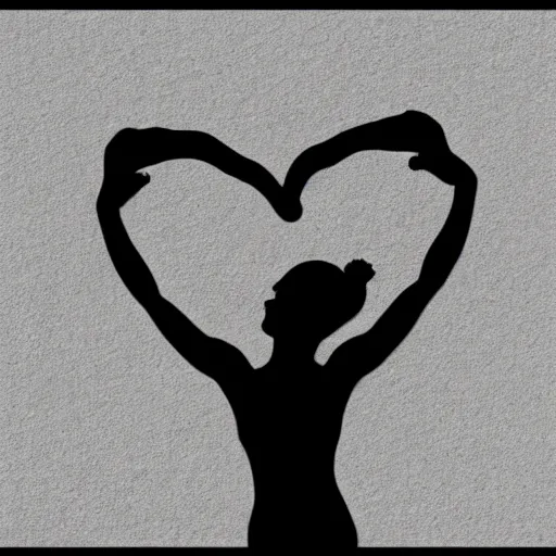 Prompt: clean black and white print on white paper logo of a symmetric heart with a stylized gymnast human body silhouette inside by carolyn davidson 1 2 3 4 5