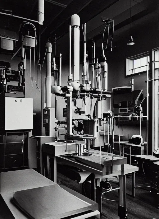 Prompt: photo portrait of wooden science laboratory by terry o'neill in 1 9 9 0, 3 5 mm grainy film, metropolitan museum collection, reportage photography, scientific, noise,