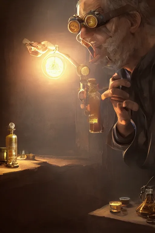 Image similar to An Alchemist inspecting a potion in his hand with goggles on by Greg Rutkowski, 4k photorealistic, volumetric lighting, HD, high details, dramatic, trending on artstation