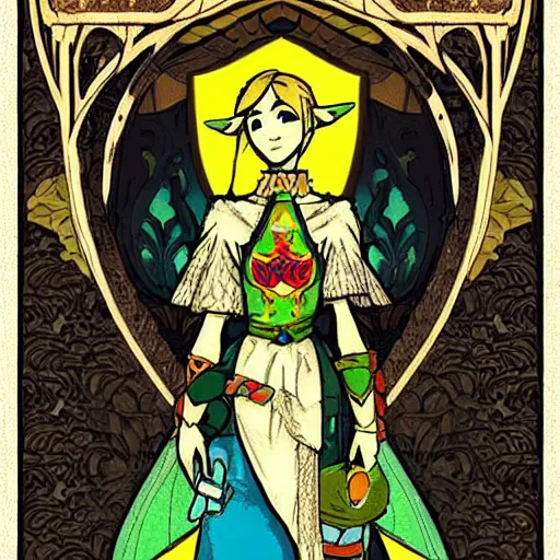Prompt: the legend of Zelda, in the style of art nouveau,