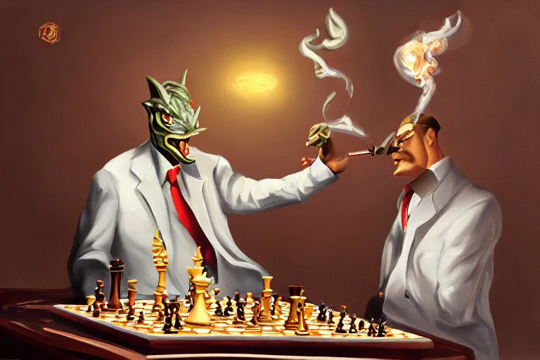 Prompt: oil painting art deco dragon shiny scales golden highlights smoking a cigar sitting at a chess table strategy wearing a handsome suit, trending on artstation, deviantary, furaffinity