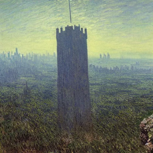 Image similar to an ultra detailed matte painting of a lonely and impossibly tall ominous dark tower elevated high above the city, on an isolated plateau island in a river elevated high above the city fortress tower, fantasy capital city, ultrawide lense, aerial photography, volumetric lighting, exquisite detail, 8 k, art by claude monet and van gogh and greg rutkowski and alphonse mucha