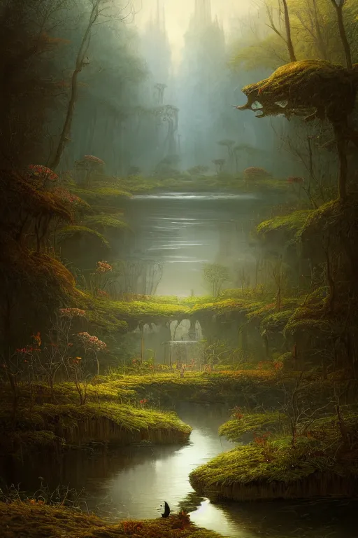 Image similar to a beautiful digital illustration painting of a detailed gothic fantasy secret river calm creek small fish, by benoit b. mandelbrot, steven belledin, martin johnson heade, lee madgwick, caspar david friedrich, and david rios ferreira. 8 k resolution trending on artstation concept art digital illustration