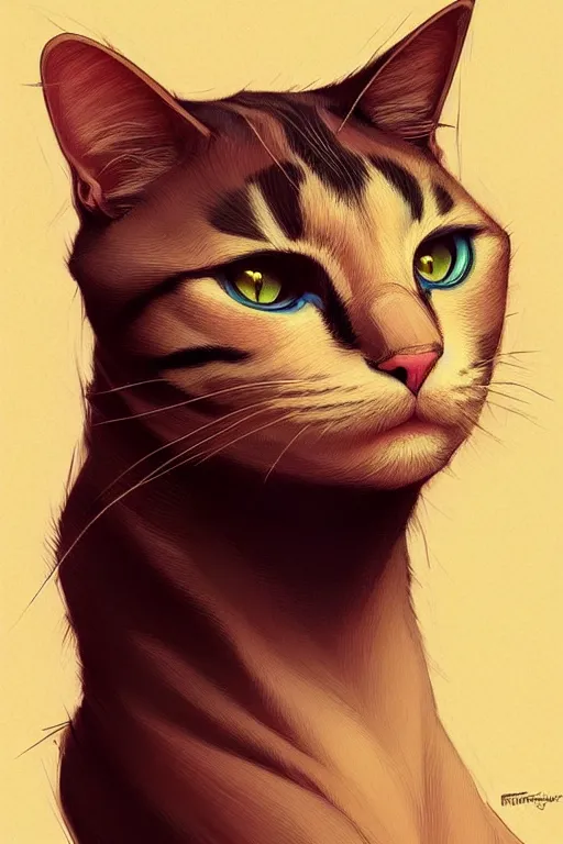 Prompt: a portrait of a male cat, half portrait, fantasy, sharp focus, intricate, elegant, digital painting, artstation, matte, highly detailed, concept art, illustration, ambient lighting, art by ilya kuvshinov, artgerm, alphonse mucha, and greg rutkowski