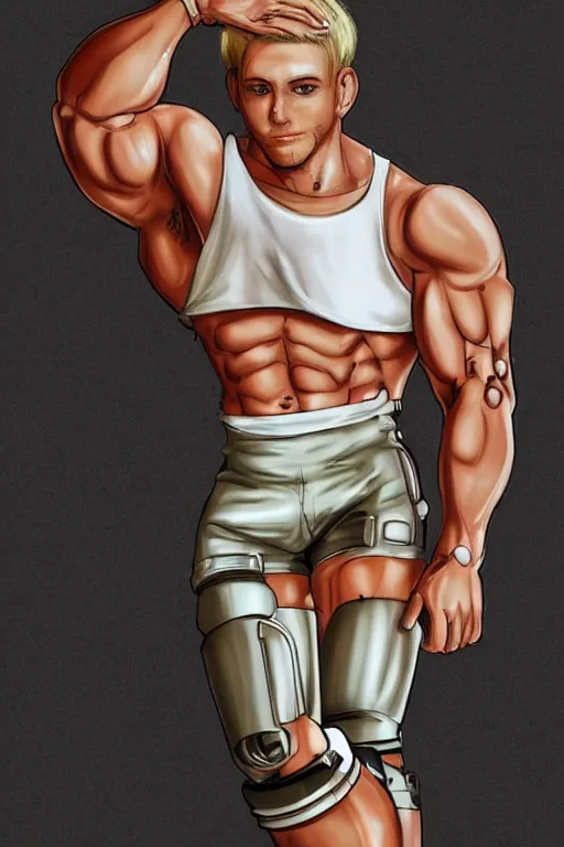 Image similar to a handsome bulky bodybuilder with blonde hair who is also a male android robot, chris redfield, muscular, wearing a cut-off white crop top and short light orange shorts stands by a swimming pool, shiny skin, robotic