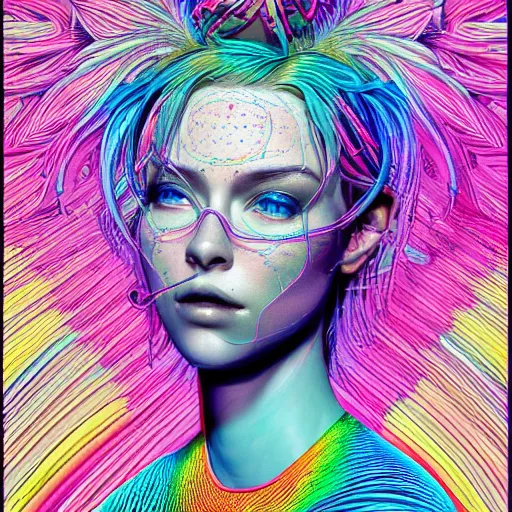 Image similar to the portrait of an unbelievably beautiful woman partially made of rainbow onions, an ultrafine detailed illustration by james jean, final fantasy, intricate linework, bright colors, behance contest winner, vanitas, angular, altermodern, unreal engine 5 highly rendered, global illumination, radiant light, detailed and intricate environment