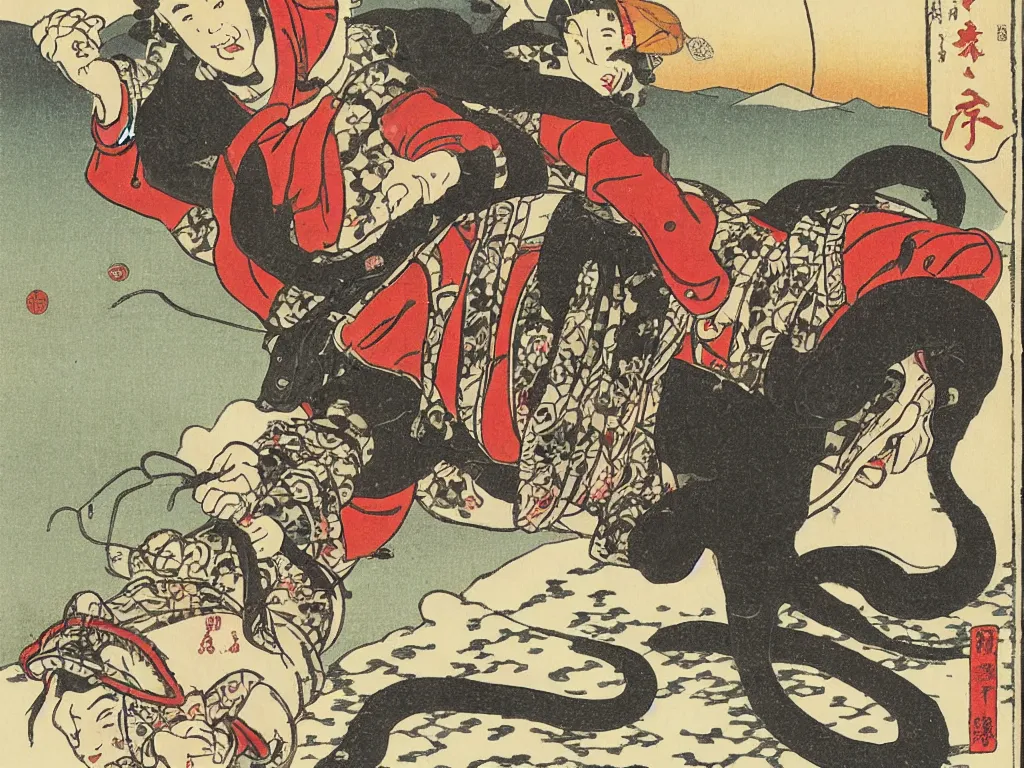 Image similar to Ukiyoe of a snake oil salesman riding a bull through a snowy forest in wild west formosa