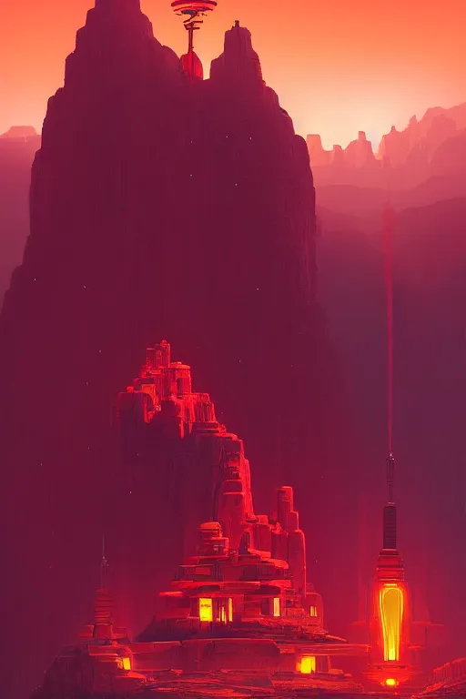 Image similar to futuristic red glowing temple overlooking a canyon, shooting stars, dramatic lighting, artstation, matte painting, ralph mcquarrie, simon stalenhag