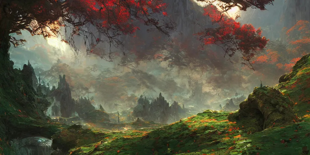 Image similar to beautiful metallic landscape metal forests trees made of metal mountains rivers red and green glossy leaves many layers waterfalls half moon villages castles, buildings artstation illustration sharp focus sunlit vista painted by ruan jia raymond swanland lawrence alma tadema zdzislaw beksinski norman rockwell tom lovell alex malveda greg staples