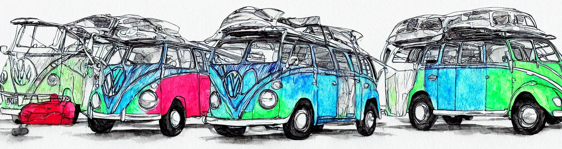 Image similar to vw bus, vw beetle, on a street, centered award winning watercolor pen illustration