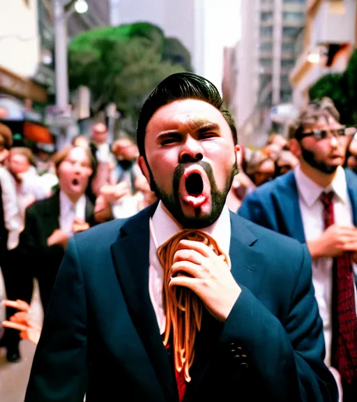 Prompt: man in a suit with spaghetti face screaming in a crowd in san - francisco, film photography, direct flash, kodak portra 4 0 0,