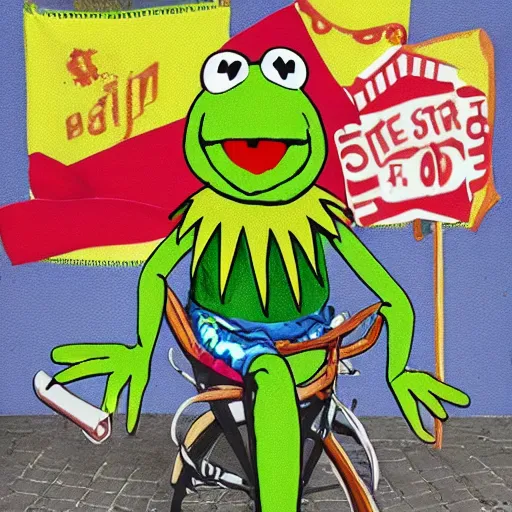 Image similar to kermit the frog running for soda in the style of muppets by jim hansen