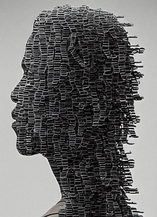 Prompt: a black man's face with long curly hair in profile, made of piano keys, in the style of the Dutch masters and Gregory Crewdson, dark and moody