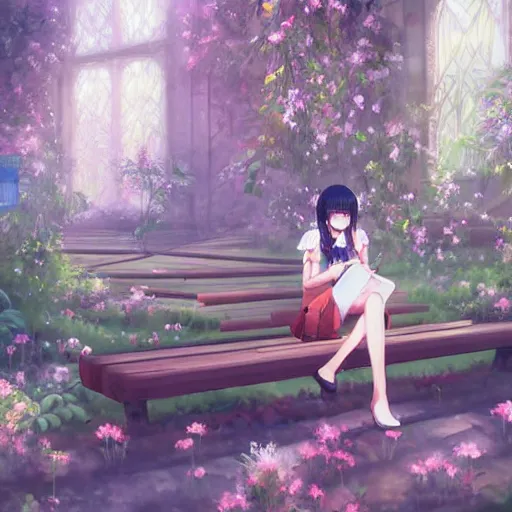 Image similar to advanced digital art. A beautiful girl is sitting on a bench reading in an abandoned train station overgrown with vines and flowers. Digital Anime painting. Sakimichan, WLOP, RossDraws, pixivs, Makoto Shinkai. —H 2160