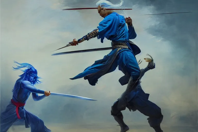 Prompt: an asian man with a sword charging at a blond man in a blue suit with a sword, organic painting, sunny day, matte painting, bold shapes, hard edges, street art, trending on artstation, by huang guangjian, gil elvgren, ruan jia, randy vargas, greg rutkowski