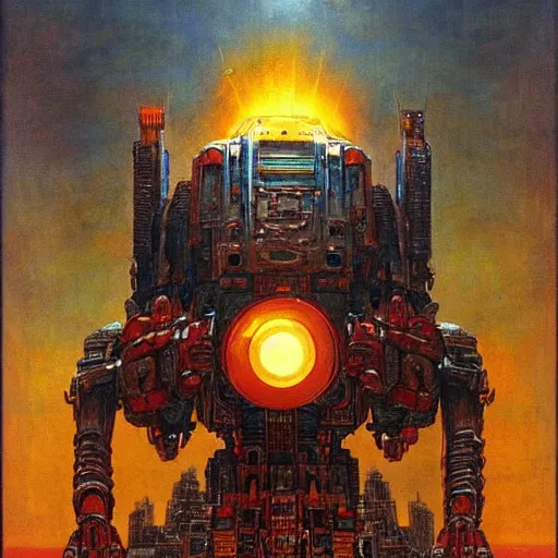 Image similar to giant mayan mecha with flaming eyes standing over city, perfectly clear face, by j. c. leyendecker and beksinski