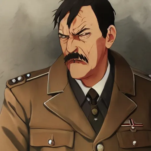 Image similar to a film still portrait of angry hitler, finely detailed features, cinematic lighting, anime key visual, trending on pixiv fanbox, painted by greg rutkowski, wlop, makoto shinkai, studio ghibli