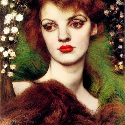 Prompt: portrait of a hybrid of a hybrid of judy garland and lady gaga and a hybrid of jo brand and judy garland, aged 2 5 with a brown fringe, holman hunt, john william waterhouse, kilian eng, rosetti, john everett millais, william holman hunt, 4 k