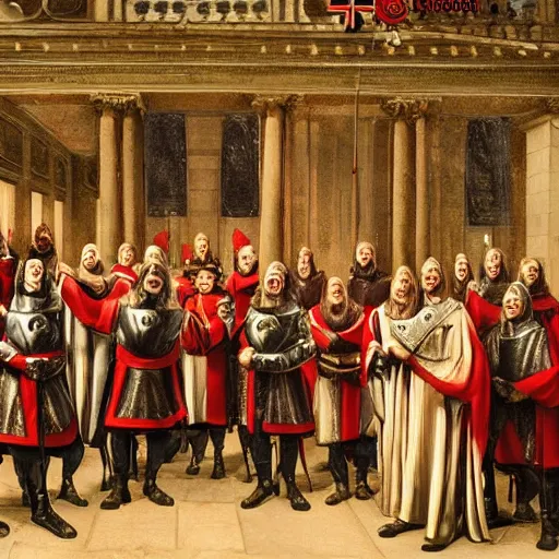 Image similar to award winning portrait photo of knights templar having a party, photorealistic