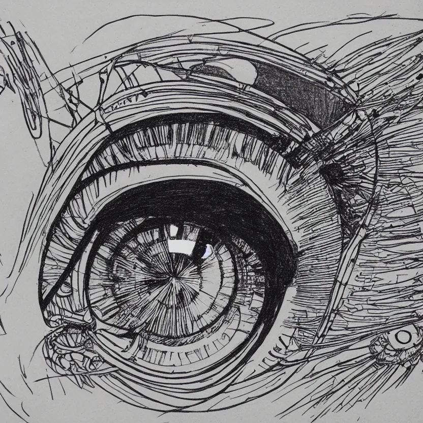 Image similar to art nouveau drawing of a complex cybernetic eye, business logo