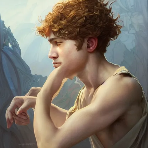 Image similar to young boy, song of Patrokles and Achilles, gorgeous, amazing, feminine, elegant, intricate, highly detailed, digital painting, artstation, concept art, sharp focus, illustration, art by artgerm and greg rutkowski and alphonse mucha