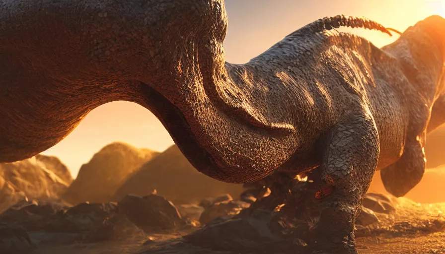 Image similar to hyper realistic highly detailed nature photography of a dinosaur, prehistoric planet, volumetric lighting, octane render, 4 k resolution, golden hour