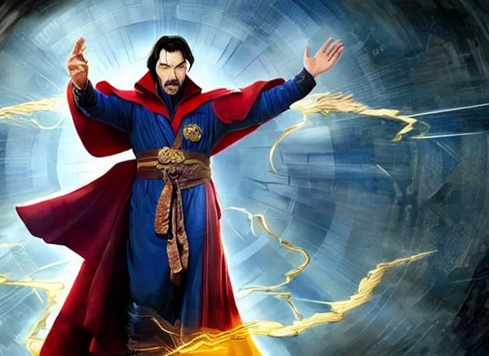 Image similar to dr. strange casting a shield spell in the metaverse with a shiba inu at his feet, hyper realistic, highly detailed, perfect face, smooth, focus, digital art, cinematic