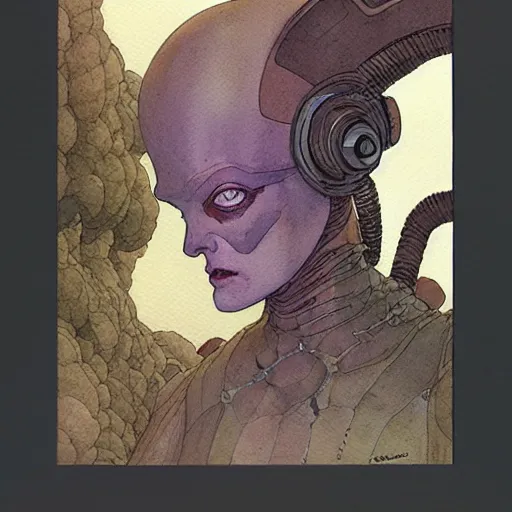 Image similar to a simple and atmospheric watercolour portrait of a pulp sci - fi alien hivr queen, very muted colors, by rebecca guay, michael kaluta, charles vess and jean moebius giraud