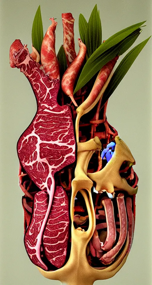 Image similar to Professional arrangement of human flesh, bones, teeth, and rotten meat in a flower vase