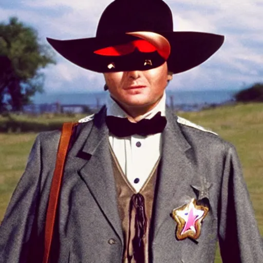 Image similar to Tim Robinson from I think You should Leave, dressed up as the Lone Ranger cowboy outfit and eye mask disguise, photo from the 1990s TV show Hot Shots Megee