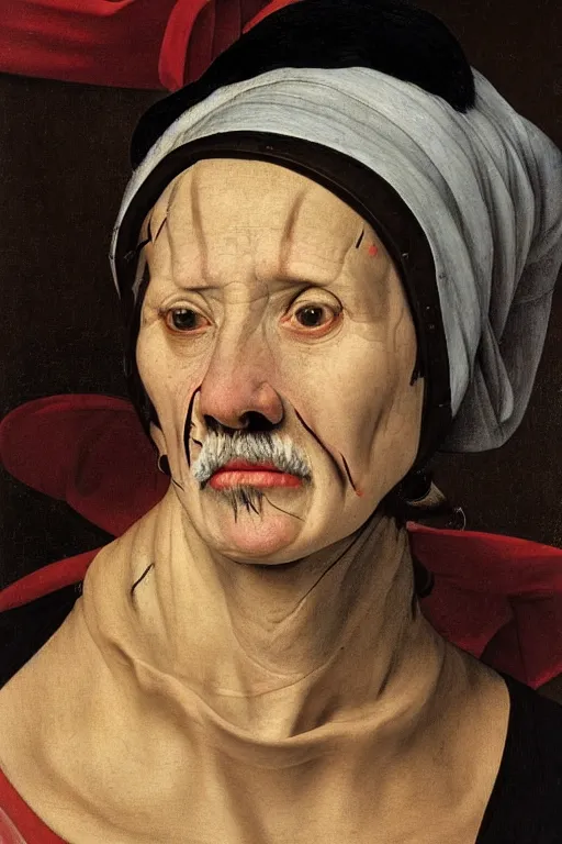 Image similar to hyperrealism extreme close-up portrait of medieval female with with leprosy, with mustache, pale skin, wearing cylinder hat, in style of Caravaggio