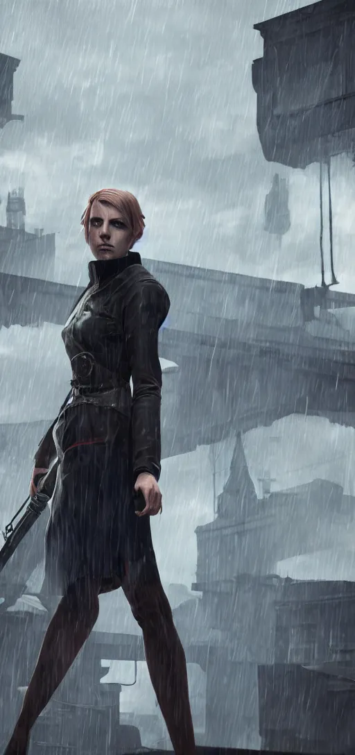 Image similar to annie leonhart as emily from dishonored in dunwall city running on a roof, redshift render, cinematic lighting, rainy weather, melancholy atmosphere, dunwall city, volumetric light, octane render, dishonored game, dishonored 1, gothic architecture, realistic reflections, octane render 8 k