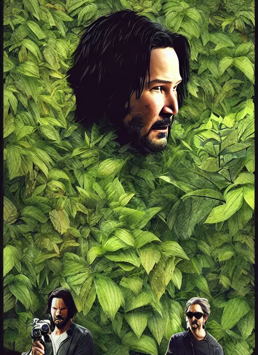 Image similar to highly detailed comedy caper movie poster with keanu reeves hiding in leaves, keanu reeves face inside a leafy bush by greg rutkowski