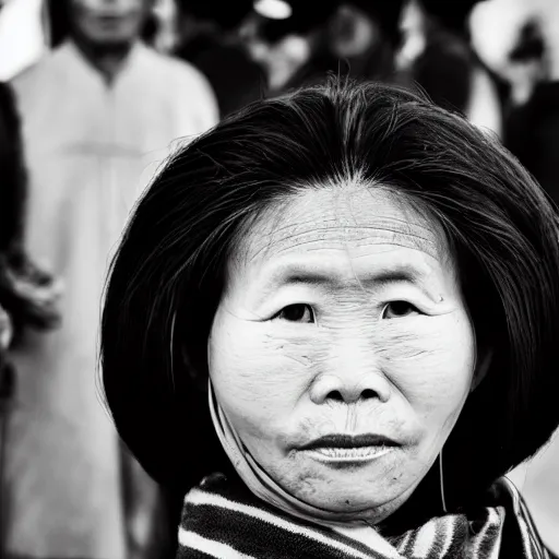 Image similar to hunnic protester face elongated cranium mongolian hair style photo black and white wide angle lense