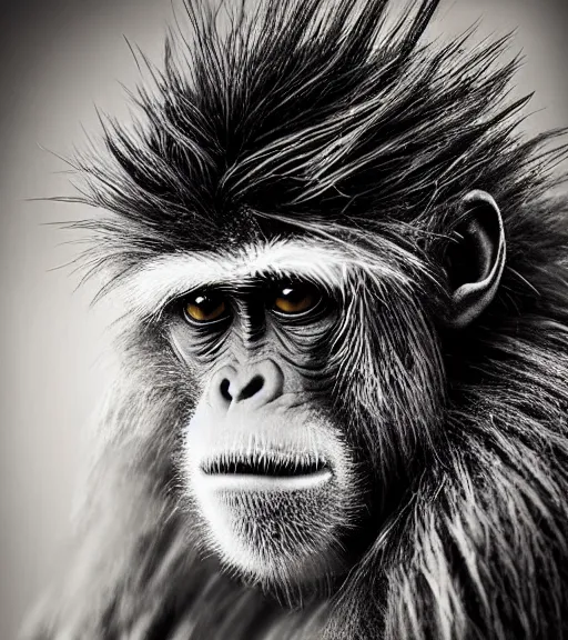 Image similar to Award winning Editorial photograph of Early-medieval Scandinavian Folk monkey with incredible hair and fierce hyper-detailed eyes by Lee Jeffries, 85mm ND 4, perfect lighting, wearing traditional garb, With huge sharp jagged Tusks and sharp horns, gelatin silver process