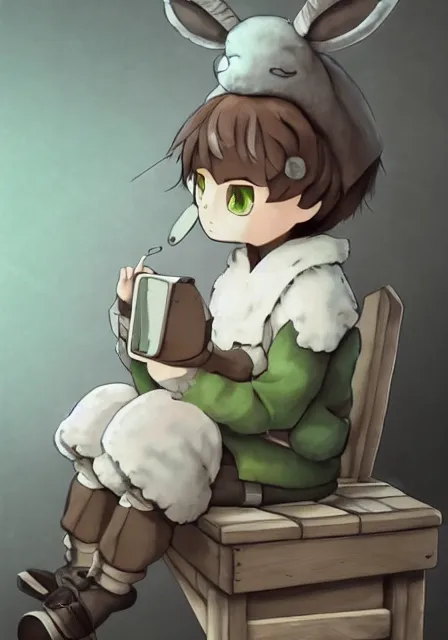 Image similar to beautiful little boy wearing sheep suit using a smartphone while sitting on chair, gray, blue, green and brown pallet color. made in abyss art style, inspired in kris from deltarrune, cute detailed artwork, anatomically correct, soft details, ilya kuvshinov, reflection, mobile wallpaper