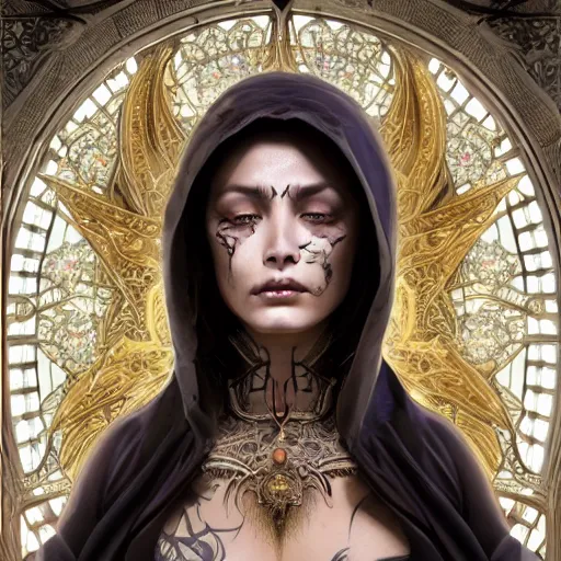 Image similar to portrait painting of a beautiful moon goddess, wearing a dark hooded robe, sacred tattoos on her face, smirking, holding a giant astral scyther, ultra realistic, concept art, intricate details, mystical, highly detailed, photorealistic, octane render, 8 k, unreal engine. art by artgerm and greg rutkowski and alphonse mucha