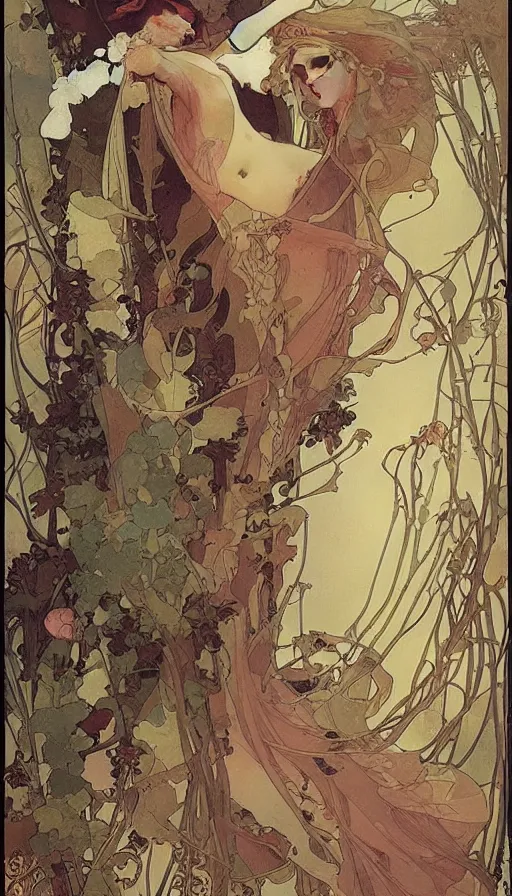 Prompt: life and death mixing together, by alfons maria mucha